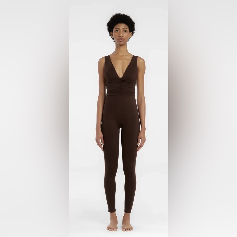 Riot Swim Women’s Butter Flex Ruched Jumpsuit Size XS Brown Althetic Activewear